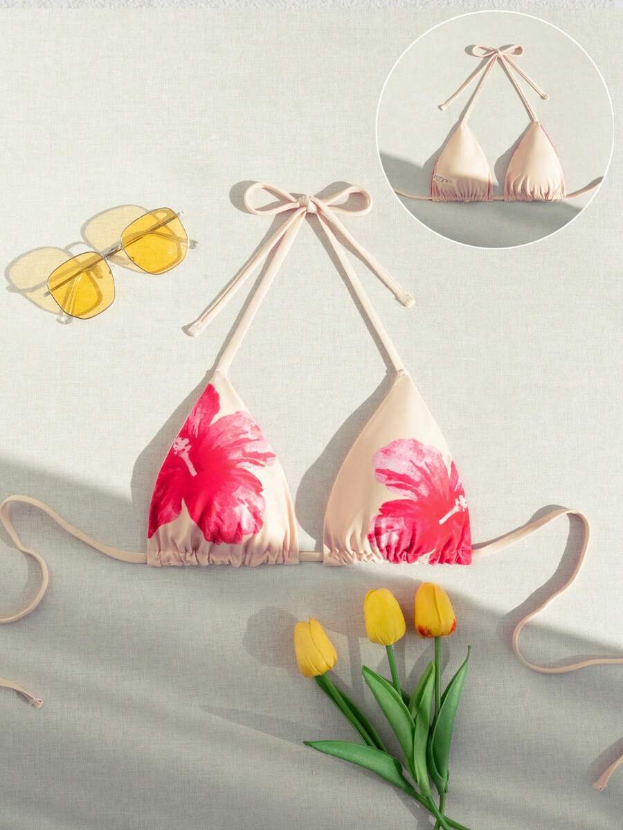 SHEIN Swim 女士双面纯色细肩带挂脖比基尼上衣沙滩装