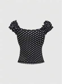 ROMWE Kawaii Top sin mangas con cuello en V, decorado con lazo y paneles de encaje a lunares, y falda a juego. Conjunto de verano versátil y favorecedora para mujer de dos piezas