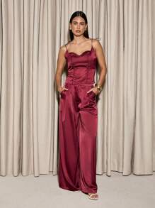 AiiRZ Scoop Satin Tie Shoulder Corset Top And Wide Leg Trouser Set - Red - View 3