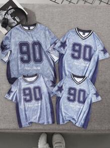 Tween Girl Denim Effect Print Patchwork V-Neck Loose T-Shirt - Multicolor - View 3