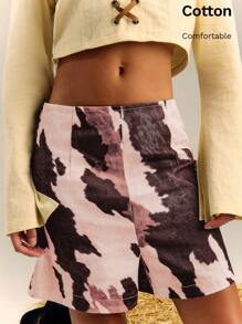 SHEIN Unity Denim Effect Cow Pattern Bermuda Shorts, New Year - Multicolor - View 1