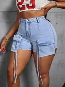 SHEIN Slayr Plus Size Women Cargo Pockets Casual Denim Shorts - Blue - View 3