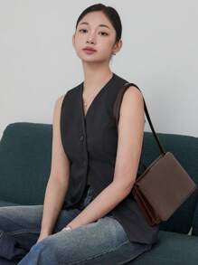 DAZY Chaleco casual sin mangas con botones delanteros para mujer, blazers entallados para mujer