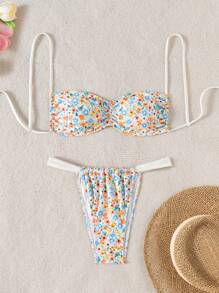 SHEIN Swim 2pcs Random Floral Print Sexy Knit Bikini Sets For Women, Elegant Summer Solid Color Spaghetti Straps Beach Party Swimwear