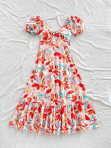 Soleia 大码女式度假花卉印花泡泡袖荷叶边下摆浪漫婚礼派对毕业休闲返校单身女郎复古夏季橙色热带印花连衣裙 - 彩色 - 查看 3