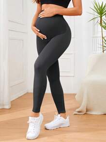 SHEIN Leggings de embarazo de unicolor con panel de soporte para el vientre y control de abdomen