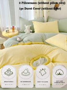 Bộ 3 món chăn ga trải giường ký túc xá màu vàng nhạt và xanh lá cây nhạt, 1 vỏ chăn, 2 vỏ gối, có thể giặt bằng máy, không có ruột - Vàng nhạt - Xem 6