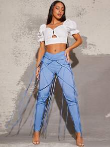 Vixey Asymmetrical Waist Fringe Detail Skinny Pants, Spring Summer For Women, Streetwear For Women - Blue - View 5