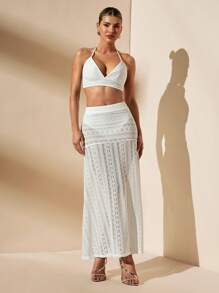 SHEIN BAE Bộ đồ đi nghỉ chữ A ren dây trắng xuyên thấu dành cho nữ - trắng - Xem 4