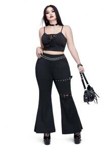 Whyspr Casual Punk Plus Size Fashionable Black Pants With Lace-Up Detail - Black - View 5
