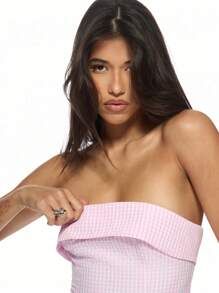 MISSGUIDED Vestido corto mini sin tirantes tipo bandeau con estampado de cuadros rosa tipo , vestido ajustado sin hombros para fiesta de primavera, cóctel o jardín