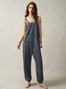 Bohemela 大码纯色针织宽松连体裤，简约时尚休闲日常穿着 - 灰色 - 查看 6