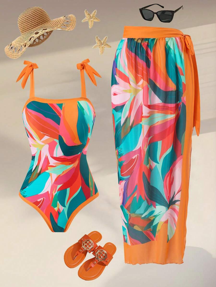 Swim Oasis Conjunto de 2 piezas de talla grande - Traje de baño de una pieza sexy con estampado floral y falda de malla de cintura alta para playa, conjunto elegante de ropa de baño de una pieza para vacaciones de verano