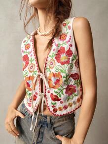 Bohemela Plus Size Front Tie Sleeveless Flower Embroidered Casual Jacket,Vintage Winter Fall Autumn - Beige - View 4
