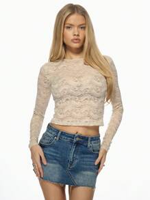 MISSGUIDED 优雅花卉蕾丝长袖短款上衣派对晚会特殊场合节日修身半透明节日冬秋季俱乐部服装 - 杏色 - 查看 5