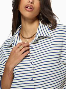 MISSGUIDED Striped Terry Cloth Button Down Oversized Short Sleeve Summer Beach Cover Up Resort Lounge Shirt Towelling Blouse - Blue - View 3