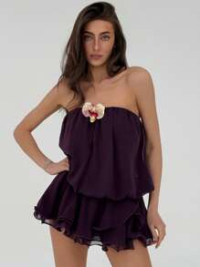 Aloruh 紫色女士休闲性感沙滩雪纺拼接迷你白色背心连衣裙 - 紫色 - 查看 7