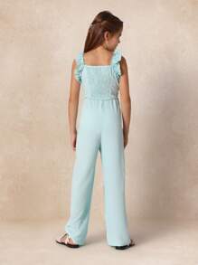 SUMWON Mono de verano con volantes en los tirantes, pierna ancha de longitud completa, diseño contemporáneo casual, pantalón mono para niñas, ropa de vacaciones y resort, moda juvenil