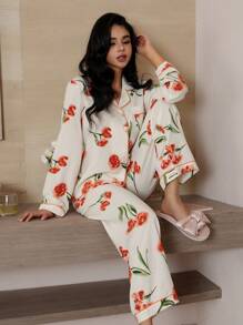 LuxeNights Conjunto de Pijama com Top de Manga Longa com Gola Esporte e Calça, Estampa Floral com Textura de Bolha, Roupas de Outono e Inverno - Multicolorido - Visão 5