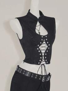 SHEIN ICON Women's Sleeveless Denim Tie-Front Crop Top, Y2k Clothes Women - Grey - View 10