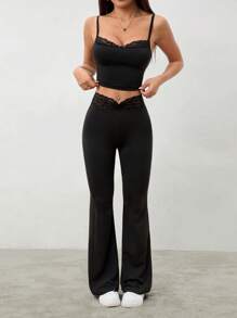 SHEIN PETITE Bộ đồ hai mảnh bó ren đen mùa hè + quần ống loe cho nữ - màu đen - Xem 4