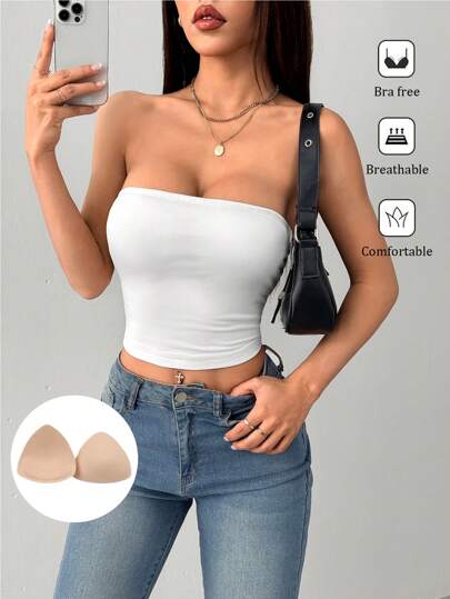 SHEIN PETITE 女士抹胸紧身休闲白色上衣适合运动（含胸垫）