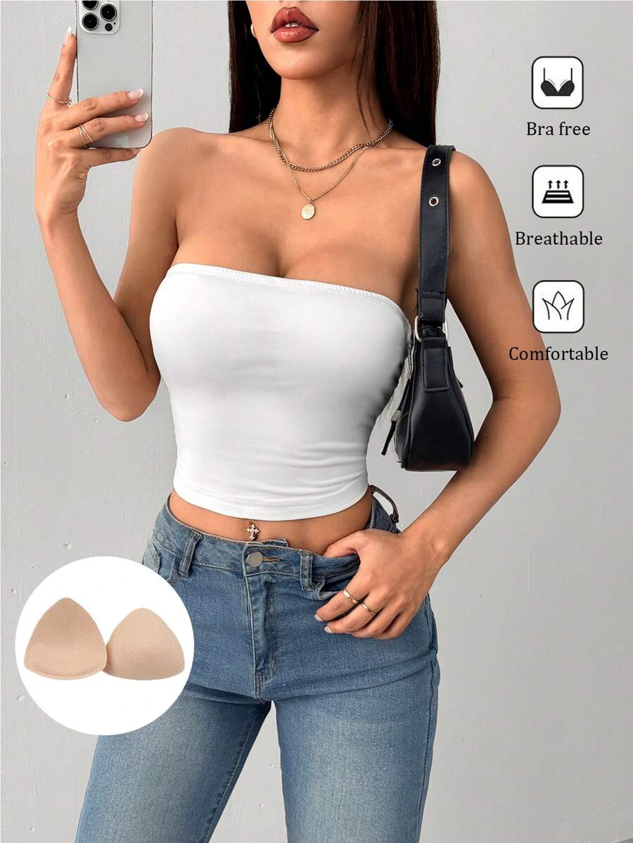 SHEIN PETITE 女款緊身休閒白色抹胸上衣,適合運動(含胸墊),適合嬌小女性 - 白色 - 查看 1