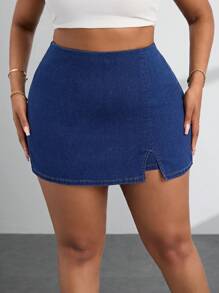 SHEIN SXY Plus Size Women's Casual Versatile Denim Skort With Side Slits - Blue - View 3