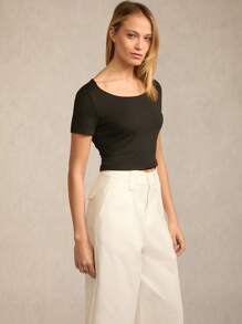 SHEIN BASICS 2pcs/Set Casual Solid Color Knit Round Neck Short Sleeve Fitted Cropped Women T-Shirt - Multicolor - View 5
