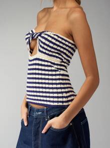 MISSGUIDED Nautical Stripe Crochet Knit Bandeau Top With Front Bow Detail Summer Beach Crop Top Resort Wear Strapless Design Vacation Ready Beachwear - Multicolor - View 3