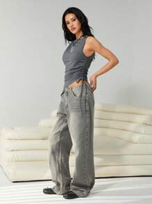 SHEIN EZwear Camiseta de tirantes asimétrica de unicolor con cordón lateral para mujer, estilo casual para conciertos - Gris - Ver 3