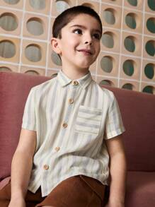 年轻男孩休闲条纹短袖衬衫，乡村风格 - 米色 - 查看 5