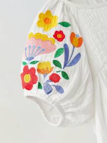 Maija Kids Maija Kids Vestido casual holgado con línea A, manga abullonada y bordados para niñas jóvenes, moda streetwear, apto para uso diario, viajes, escuela, hogar, estilo campestre