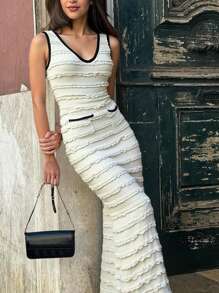 SHEIN Essnce Vestido elegante y delgado de mujer con contraste de color, cuello en V sin mangas, volantes y textura, espalda descubierta y unicolor