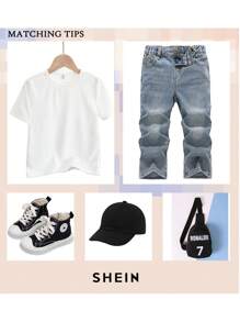 SHEIN Young Boy Distressed Washed Red Graffiti Pattern Retro Baggy Blue Denim Pants,For Kids Spring/Summer Clothes Outfits And Streetwear Outfits - Light Wash - View 2