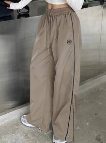 DAZY 女士前系带条纹拼布休闲长裤，日常穿着 - 卡其色 - 查看 3