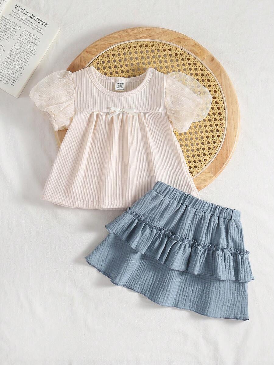 Baby Girls' 2pcs Set: Ribbed Mesh Puff Sleeve Top + Layered Ruffle Hem Skirt, Summer - Apricot - View 1