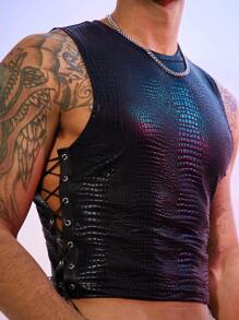 FeverCity Men's Embossed Crocodile Pattern Side Criss-Cross Binding Sleeveless Short Tight Tank Top - Black - View 4