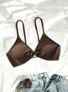 SHEIN Swim Springbreak Women's Solid Textured Fabric Spaghetti Strap Front Resin Circle Decor Casual Beach Bikini Top, Summer Vacation - Coffee Brown - View 4