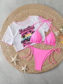 Swim Mod Bikini màu trơn đi biển nghỉ mát + Khăn choàng tay in họa tiết nhiệt đới 2 món Bikini bộ mùa hè - Màu Hồng  Dưa hấu - Xem 5