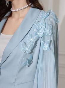 Modelyn 2pcs Women's Chiffon Pleat Bowknot Suit Jacket + Pants Set, Spring/Summer Fall Cloth For Women - Blue - View 2