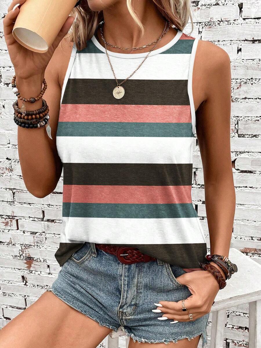 SHEIN LUNE Casual Striped Pattern Round Neck Tank Top For Women, Suitable For Summer - Multicolor - View 1