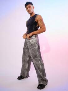 FeverCity Men's Embossed Crocodile Pattern Side Criss-Cross Binding Sleeveless Short Tight Tank Top - Black - View 2