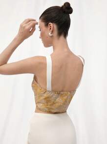 Aveloria Rosie Blusa recortada para mujer con escote en V sin tirantes, tela jacquard delicada de colores contrastantes elegantes y vintage franceses con estampado floral en floración