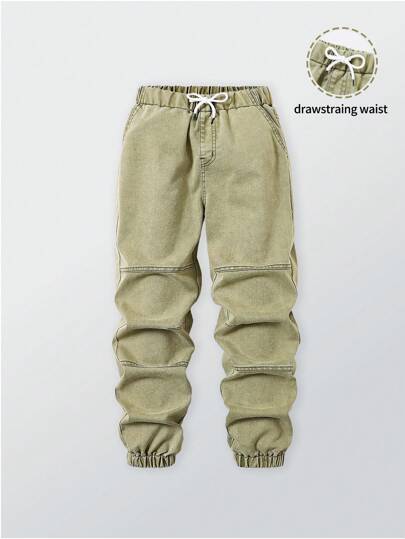 Denim Tween Boys' Casual Daily Urban Street Green Skinny Jeans With Elastic Waistband & Adjustable Drawstring Hem