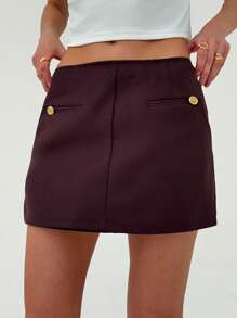 Aloruh Women's Solid Color Button Design A-Line Short Casual Skirt - Burgundy - View 4