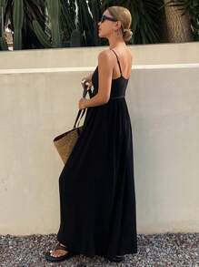 Livesso 女士串珠纯色吊带露背连衣裙，休闲度假风春夏连衣裙 - 黑色 - 查看 2