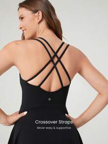 GLOWMODE FeatherFit™-Air Peekaboo Multi-Strap Crossover Backless Dress With Built-In Shorts Low Impact Yoga Daily Removable Cups Spring Summer - Black - View 4