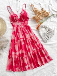 Dreamara Plus Size Women Summer Vacation Spaghetti Strap V-Neck Hollow Out Backless Butterfly Print Dress - Pink - View 1