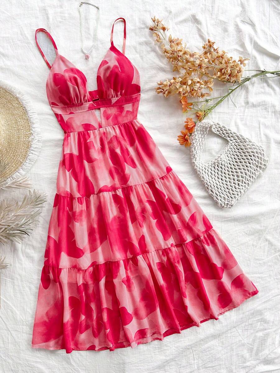 Dreamara Plus Size Women Summer Vacation Spaghetti Strap V-Neck Hollow Out Backless Butterfly Print Dress - Pink - View 1